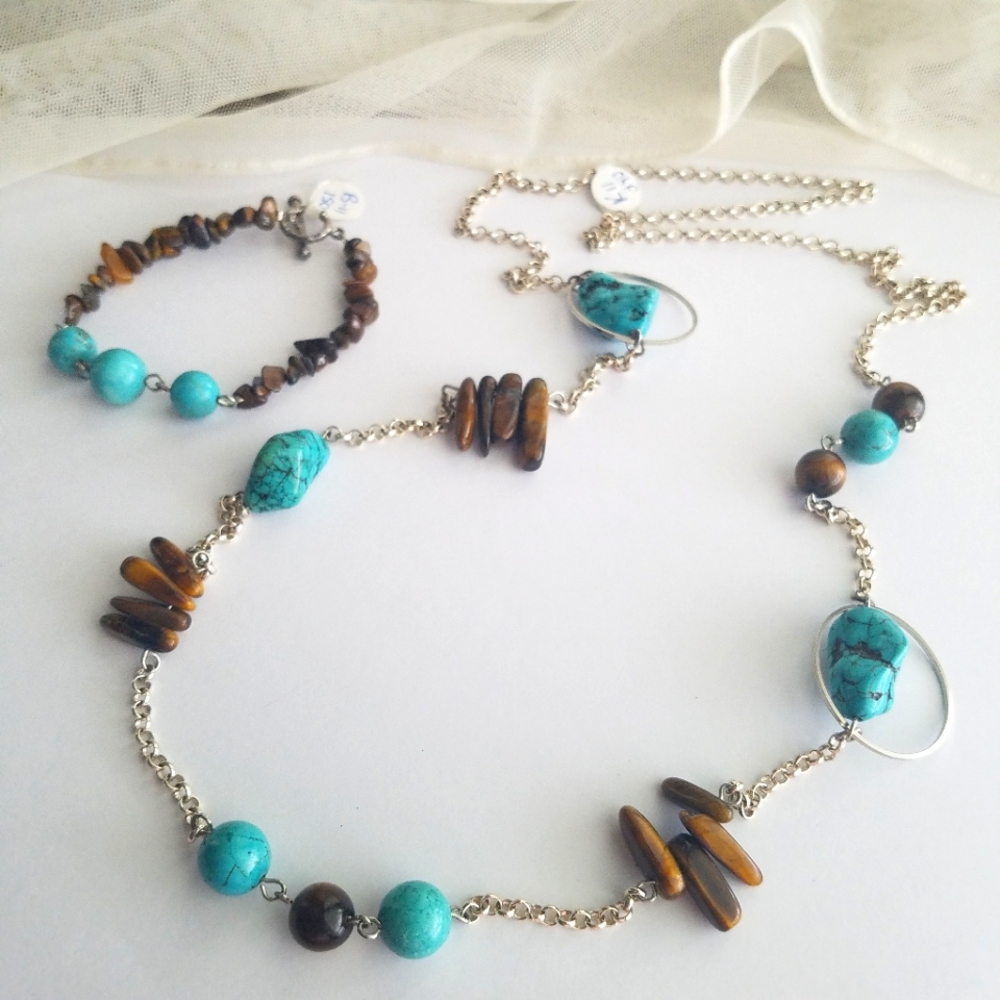 Genuine Gemstone Tiger Eye & Turquoise Howlite Stone Long Necklace NWT